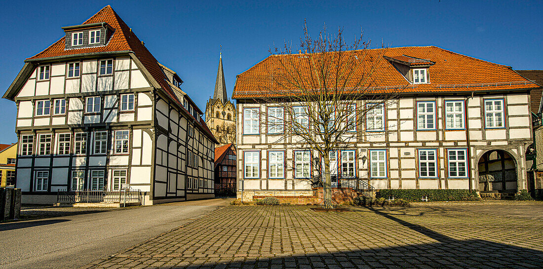 Half-timbered houses on Elisabethstrasse, in the background the Minster Church, Old Town of Herford, North Rhine-Westphalia, Germany