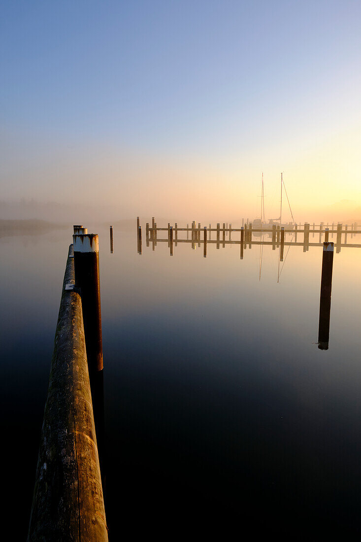 Sonnenaufgang im Nebel über dem Hafen Prerow am Prerowstrom, Halbinsel Fischland-Darss-Zingst, Mecklenburg-Vorpommern, Deutschland