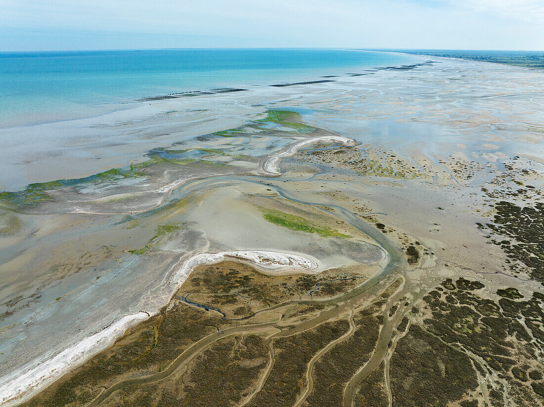 Watt und Salzwiesen vor der Küste von St Vaast la Hougue, Luftbild, Normandie, Frankreich