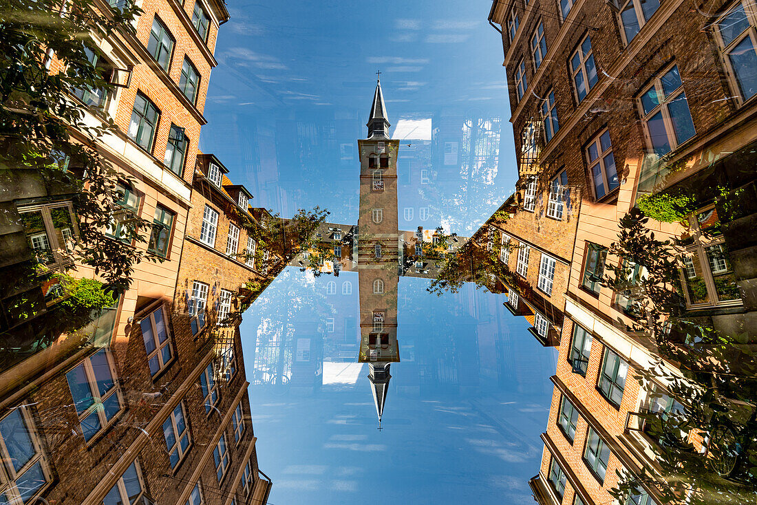 Double exposure of Fredens Kirke as seen from Ryesgade in Copenhagen, Denmark.