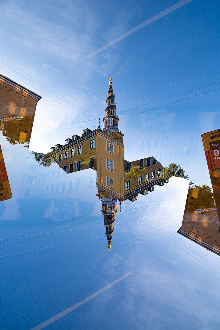 Double exposure of the Church of Our Saviour, a baroque church in Copenhagen, Denmark, most famous for the external spiral winding staircase that can be climbed to the top.