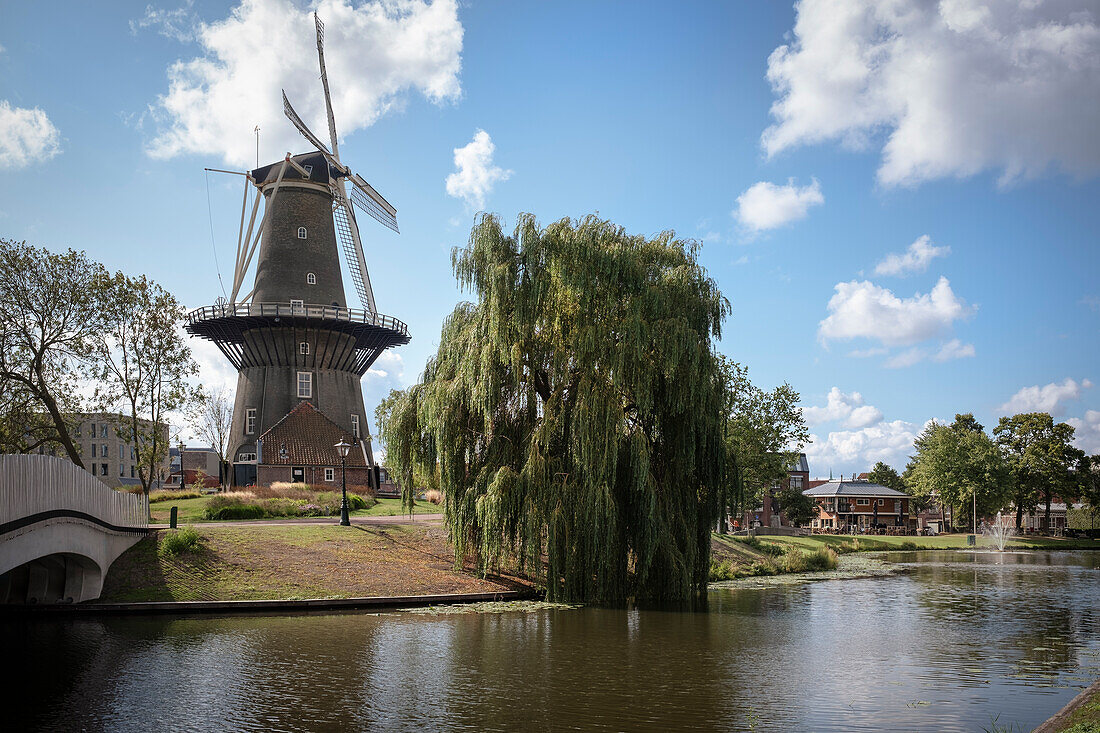 Windmühle an Gracht in Leiden, Provinz Zuid-Holland, Niederlande, Europa