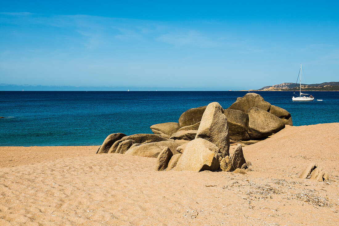 Sandy beach and granite rocks, Plage de Erbaju, near Sartène, south coast, Corse-du-Sud department, Corsica, Mediterranean Sea, France