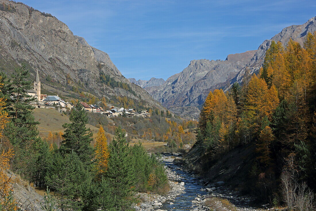 River Ubaye and Saint-Paul-de-Ubaye, Alpes-de-Haute-Provence, Provence-Alpes-Cote d'Azur, France