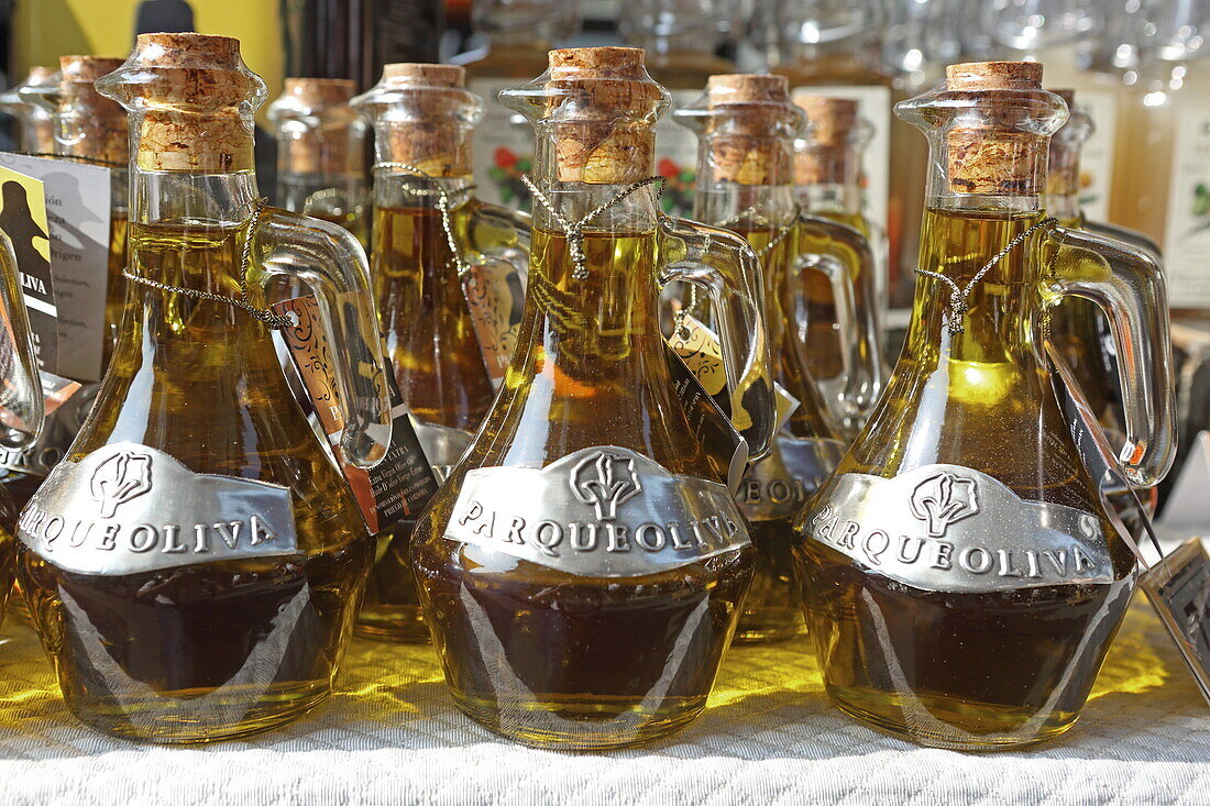 Olive oil at the Saturday market in Pernes-les-Fontaines, Vaucluse, Provence-Alpes-Côte d'Azur, France