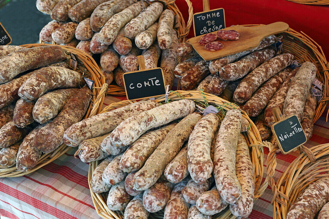 Dried sausages at the Malaucene market, Vaucluse, Provence-Alpes-Côte d'Azur, France