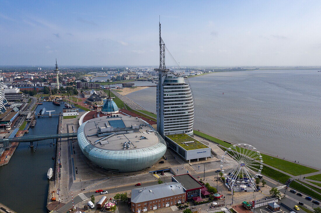 Aerial view of the Havenwelten port area with Klimahaus Bremerhaven and Atlantic Hotel Sail City, Bremerhaven, Bremen, Germany, Europe