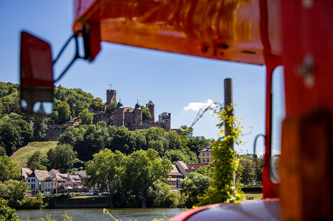 Wertheim Castle and Main seen through the front of a red double decker bus, Kreuzwertheim, Franconia, Bavaria, Germany, Europe