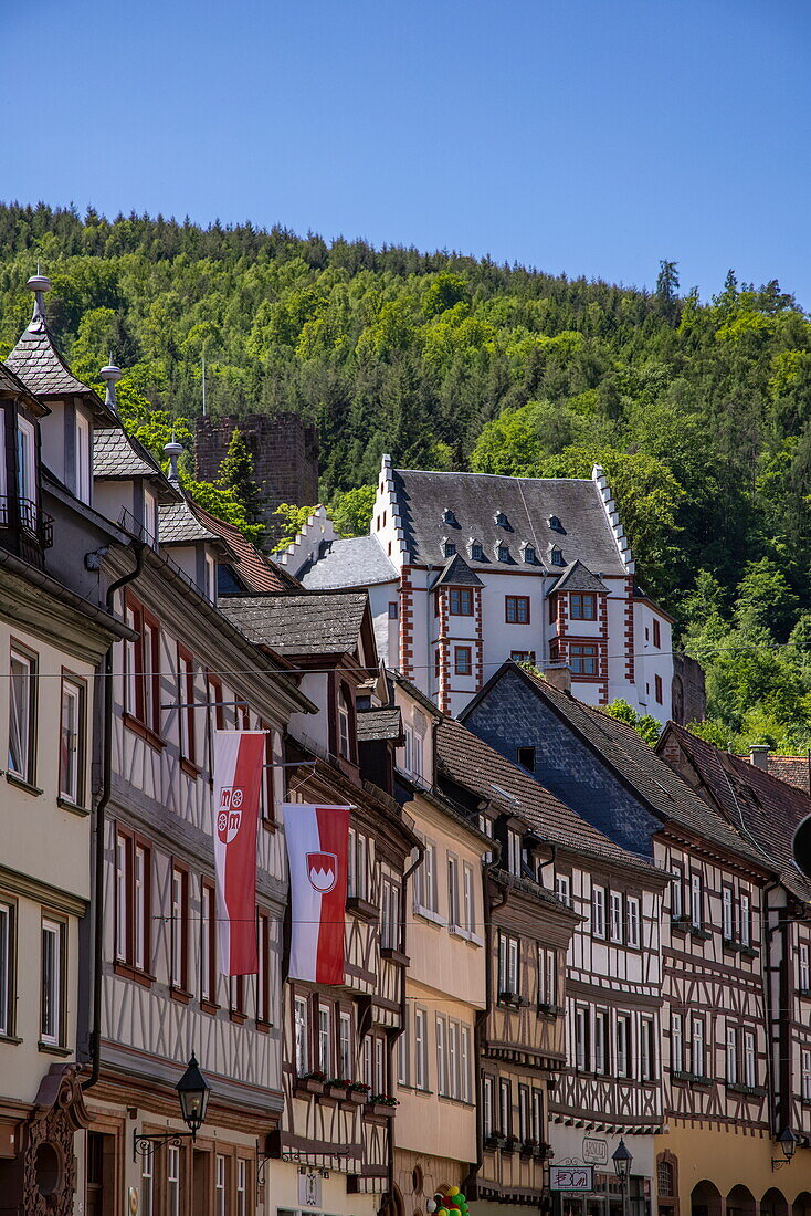 Fachwerkhäuser in der Altstadt mit Mildenburg am Hang, Miltenberg, Spessart-Festland, Franken, Bayern, Deutschland, Europa