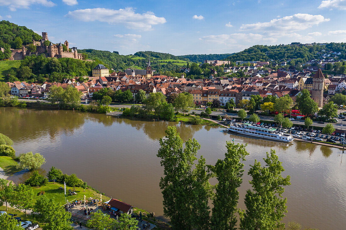 Aerial view of the River Main with Wertheim Castle in the distance, Kreuzwertheim, Spessart-Mainland, Franconia, Bavaria, Germany, Europe