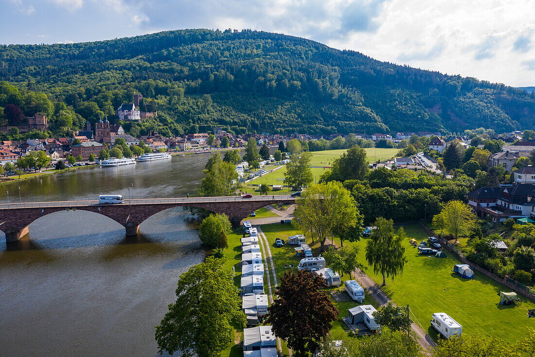 Aerial view of campsite along Main river with town behind, Miltenberg, Spessart-Mainland, Franconia, Bavaria, Germany, Europe