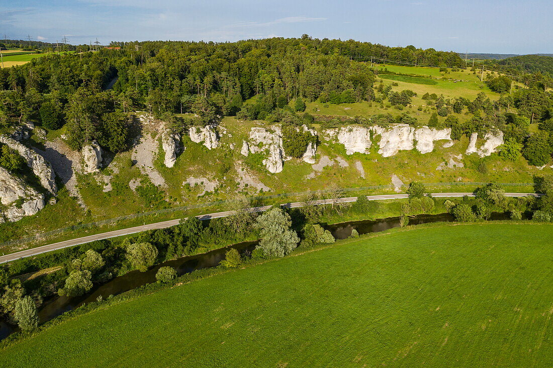 Aerial view of the rock formation &quot;Twelve Apostles&quot; along the Altmühl in the Altmühltal, Solnhofen, Franconia, Bavaria, Germany, Europe