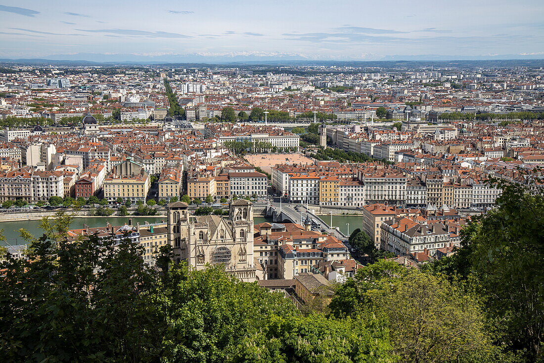 View over the city as seen from the Basilica of Notre-Dame de Fourviere, Lyon, Lyon, Auvergne-Rhone-Alpes, France, Europe