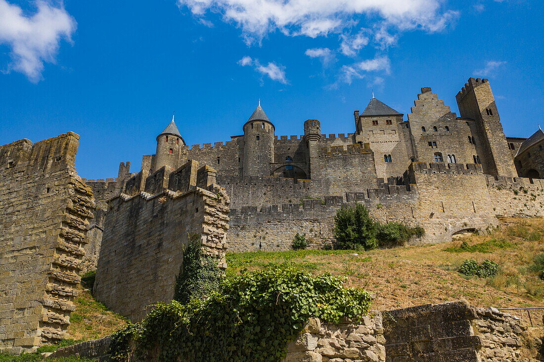 Blick zur Burg Cité von Carcassonne, Carcassonne, Aude, Okzitanien, Frankreich