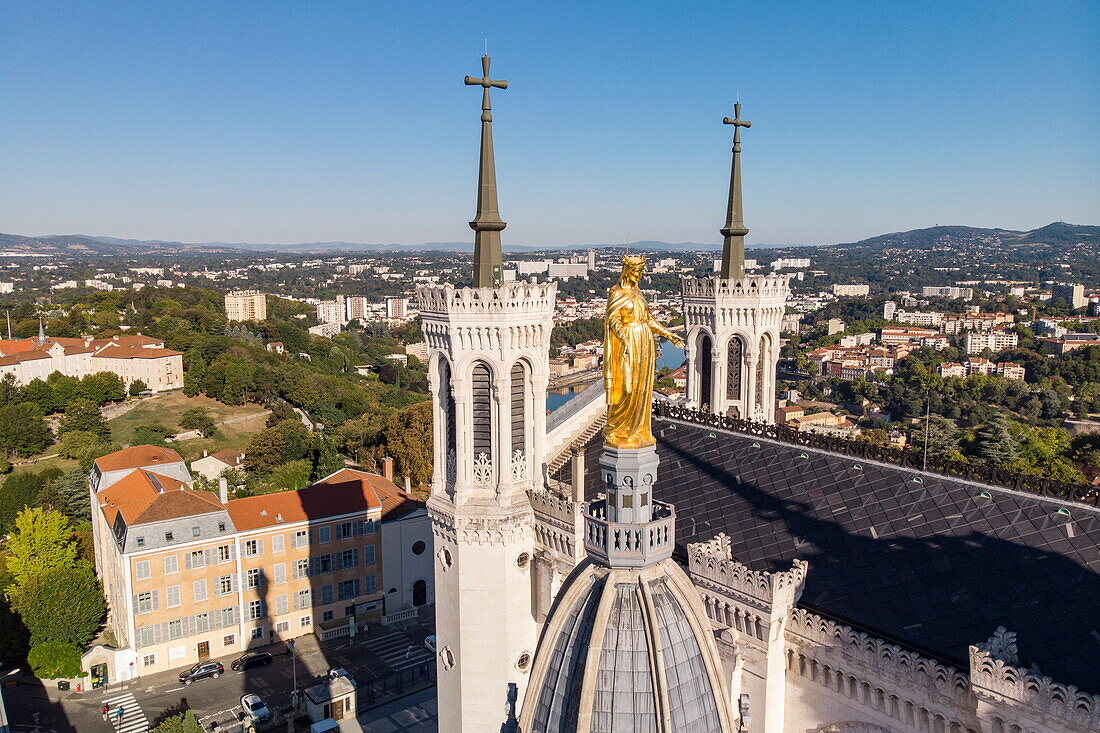 Aerial view of golden statue on Basilica of Notre-Dame de Fourviere, 5th arrondissement of Lyon, Lyon, Rhone, France, Europe