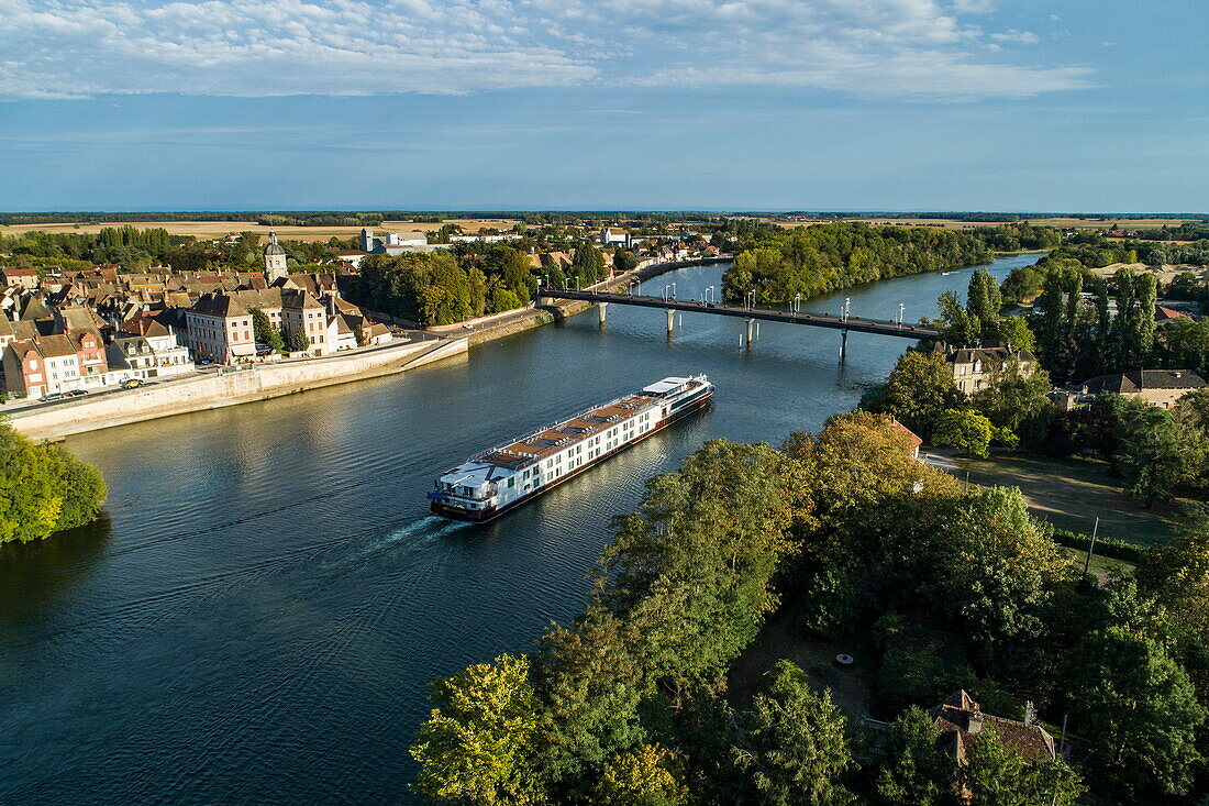 Aerial view of river cruise ship Excellence Rhône (travel agency Mittelthurgau) after leaving the Écluse de Seurre lock along the Saône, Seurre, Côte-d'Or, France, Europe