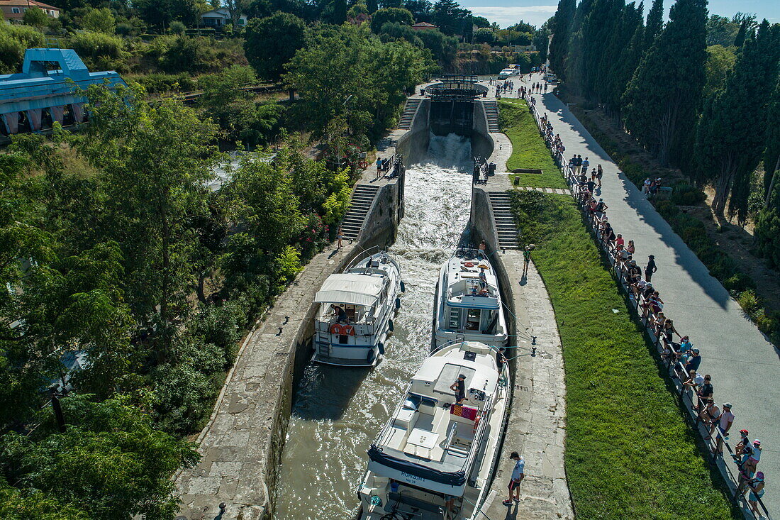 Aerial view of houseboats in the Écluse de Fonserannes locks on the Canal du Midi, Béziers, Hérault, France, Europe