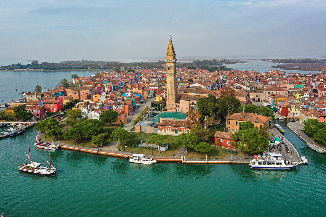 Aerial view of Burano with Il Campanile Storto and the Church of San Martino, Burano, Venice, Italy, Europe