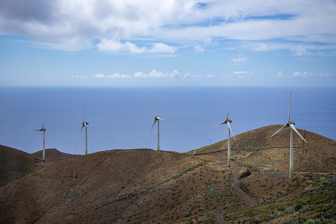 Wind turbines on hillside, near Villa de Valverde, El Hierro, Canary Islands, Spain, Europe