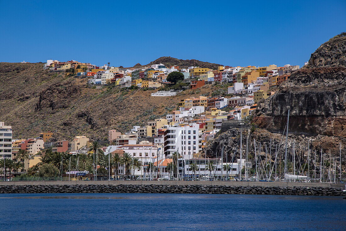 Marina and San Sebastian de La Gomera seen from onboard expedition cruise ship World Voyager (Nicko Cruises), San Sebastian de La Gomera, La Gomera, Canary Islands, Spain, Europe