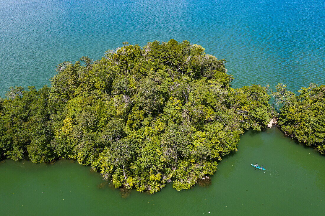 Aerial view of a sea kayak in Ensenada Verde Bay with rainforest, near Santo Tomás de Castilla, Izabal, Guatemala, Central America