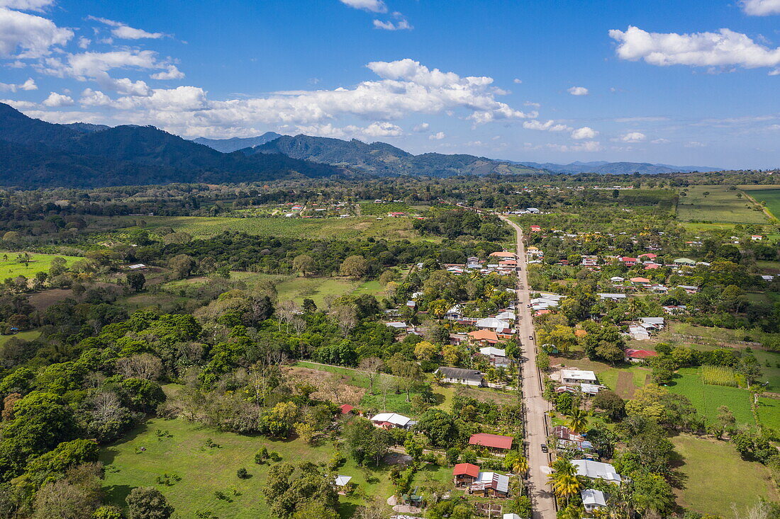 Aerial view of streets and buildings, San Francisco de Yojoa, Cortés, Honduras, Central America