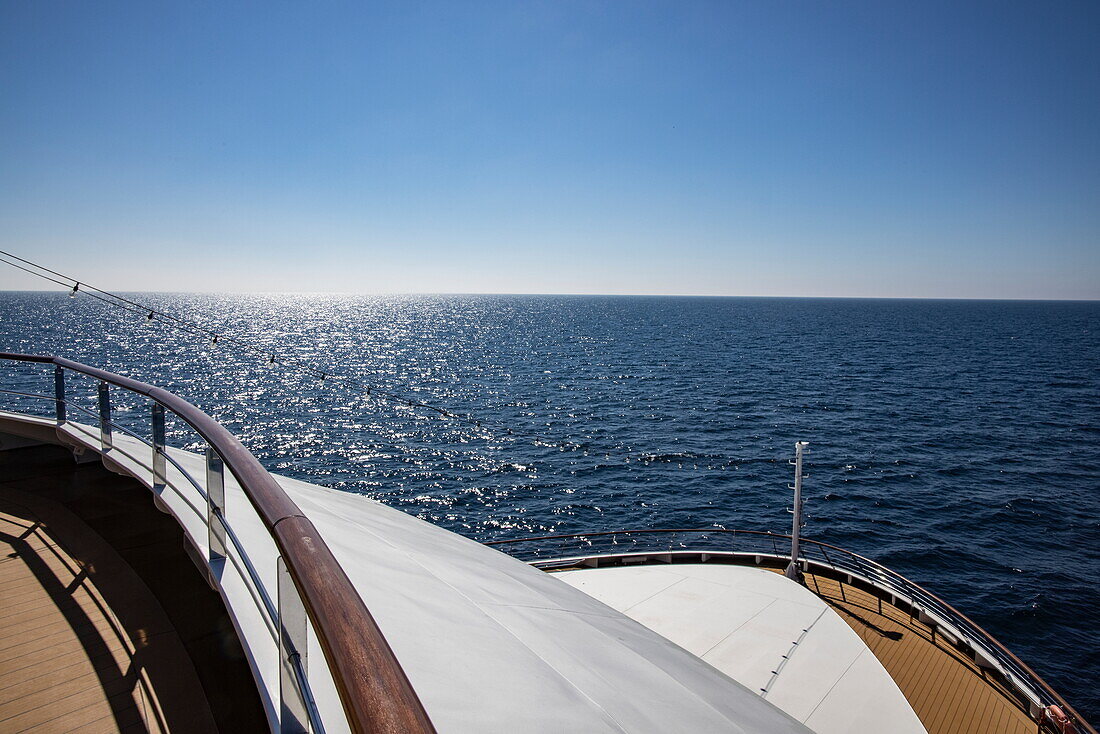 Bow of expedition cruise ship World Voyager (Nicko Cruises) with blue sea and sky, North Sea, near Germany, Europe