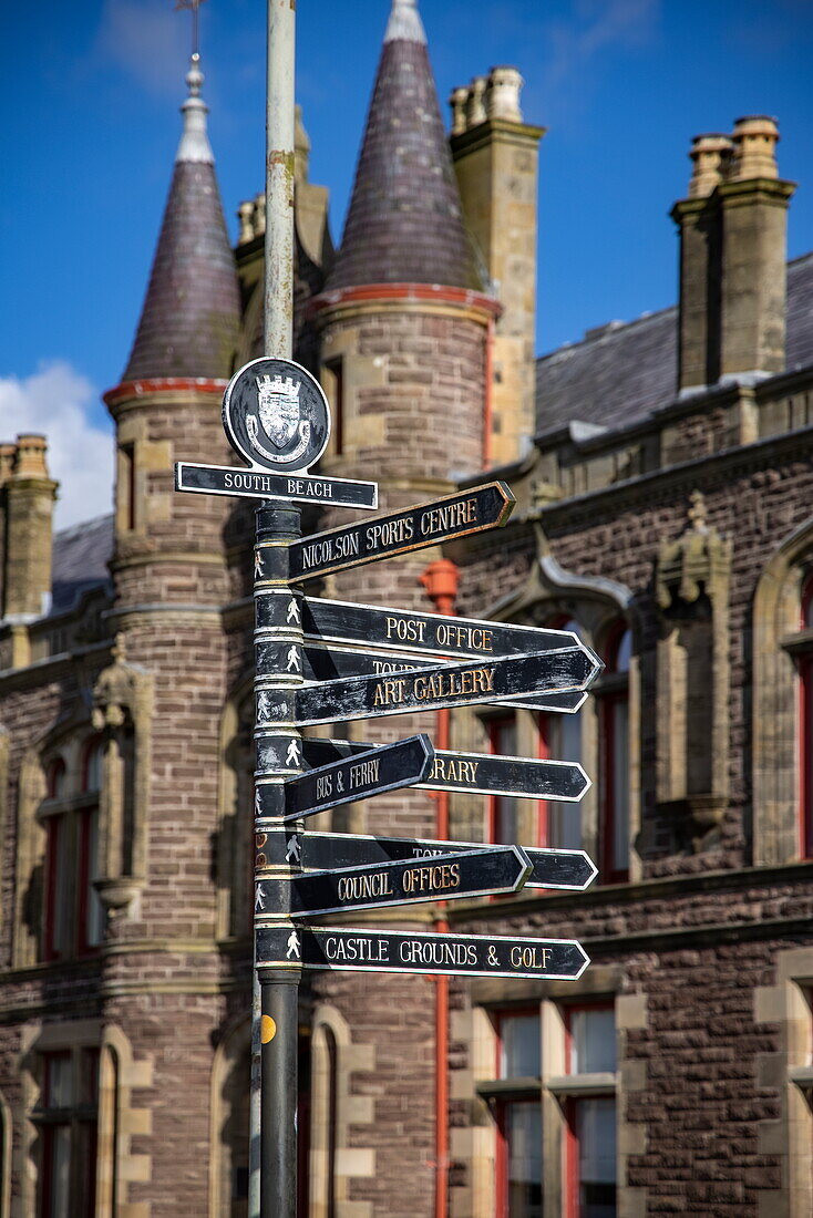 Signpost in the town centre, Stornoway, Lewis and Harris, Outer Hebrides, Scotland, United Kingdom, Europe
