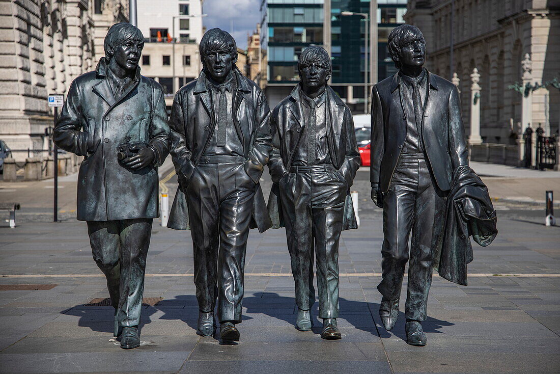 Statue of The Beatles at The Beatles Pier Head, Liverpool, England, United Kingdom, Europe