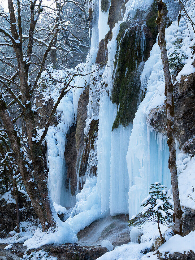 Schleierfälle an der Ammer im Winter, gefrorener Wasserfall, Oberbayern, Deutschland, Europa