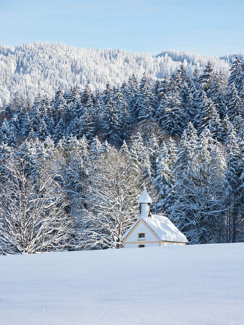 Kapelle bei Pessenbach im Winter, Oberbayern, Deutschland