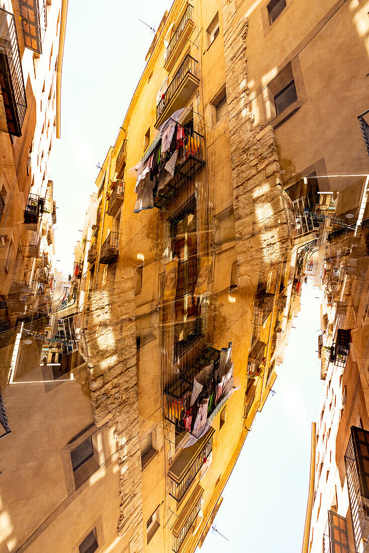 Double exposure view of the Carrer dels Agullers street in downtown Barcelona, Spain.