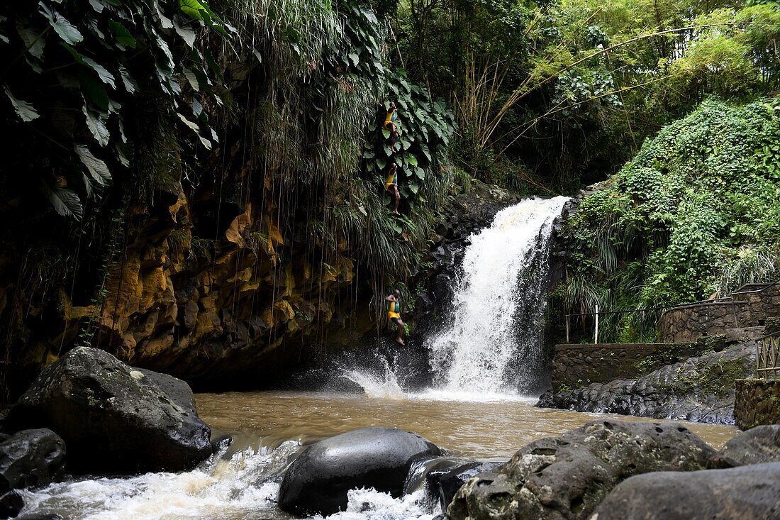 Fotomontage (mehrere Belichtungen) von Mann der in den Wasserfall Annandale Falls springt, in der Nähe von Saint George's, Saint George, Grenada, Karibik