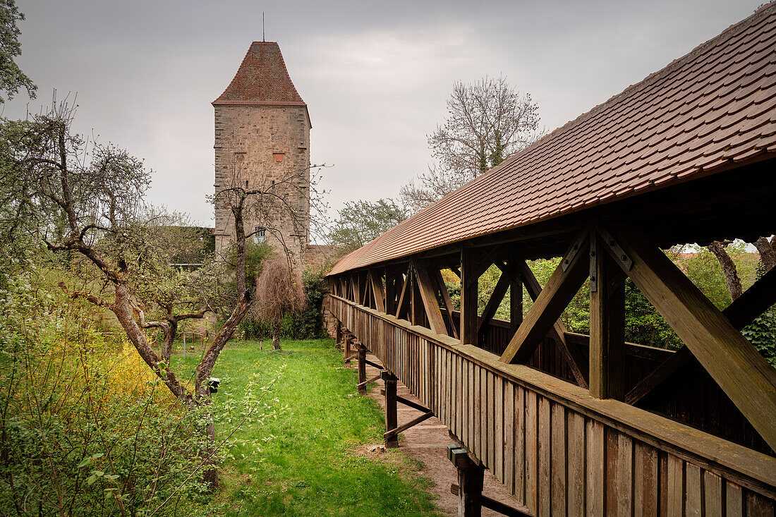 Holzbrücke 'Jörgensteg' zur Altstadt, Dinkelsbühl an der Wörnitz, Romantische Straße, Landkreis Ansbach, Mittelfranken, Bayern, Deutschland