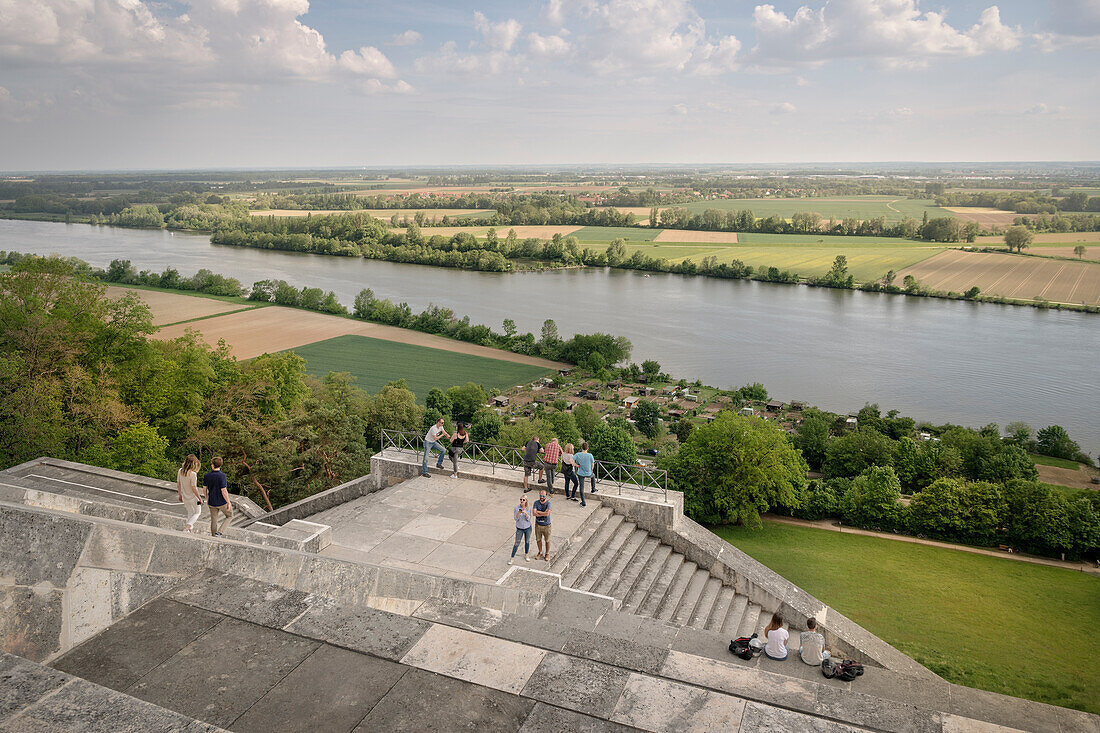 Visitors enjoy the view of the Danube from the Walhalla Memorial in Donaustauf near Regensburg, Upper Palatinate, Lower Bavaria, Bavaria, Germany