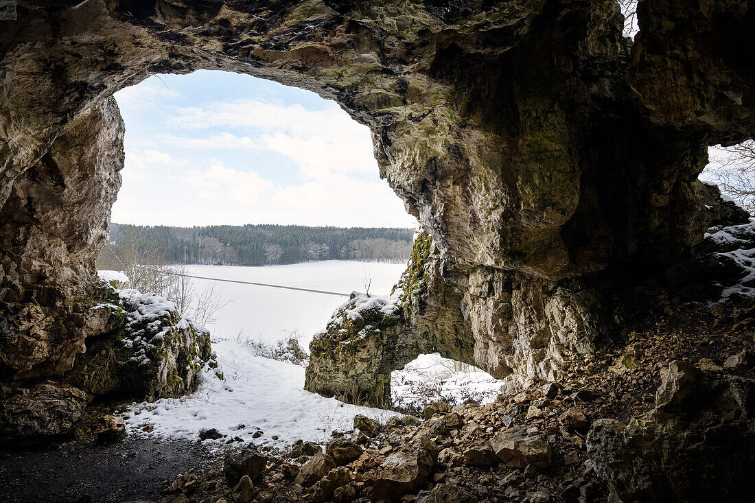 wintry blockstone cave, UNESCO World Heritage Site &quot;Caves and Ice Age Art of the Swabian Jura&quot;, Lone Valley, Swabian Jura, Baden-Württemberg, Germany, Europe