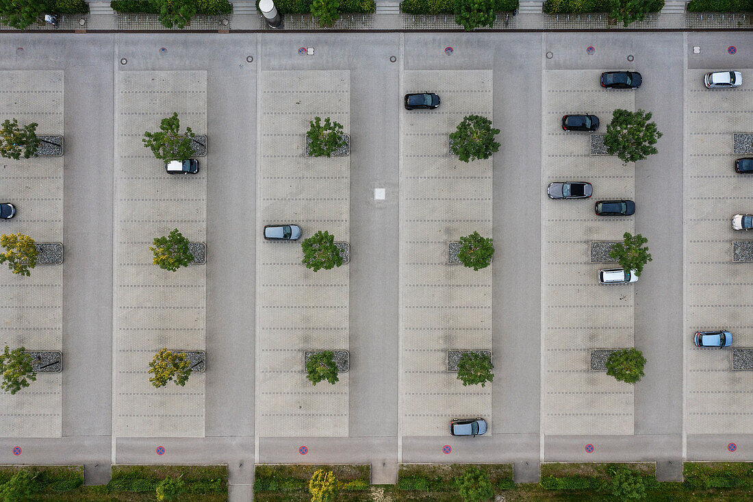 Parking lot at the University of Applied Sciences Neu-Ulm im Wiley, administrative district of Swabia, Bavaria, Germany, aerial photograph