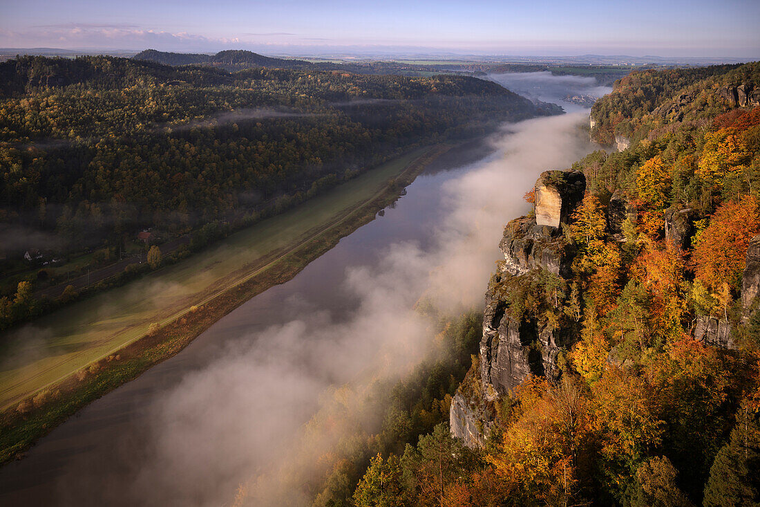Sofa view of the Elbe with wafts of fog, Saxon Switzerland, Elbe Sandstone Mountains, Saxony, Elbe, Germany
