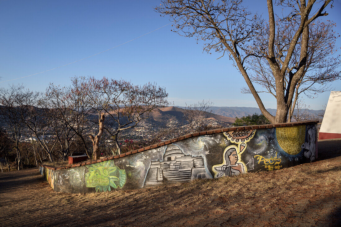 Wall painted with colorful graffitti at the observatory in the city of Oaxaca de Juárez, state of Oaxaca, Mexico, North America, Latin America