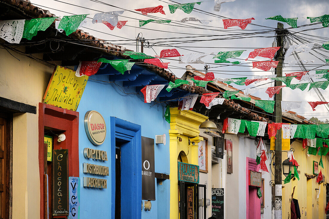 colorful houses and flags in San Cristóbal de las Casas, Central Highlands (Sierra Madre de Chiapas), Mexico, North America, Latin America