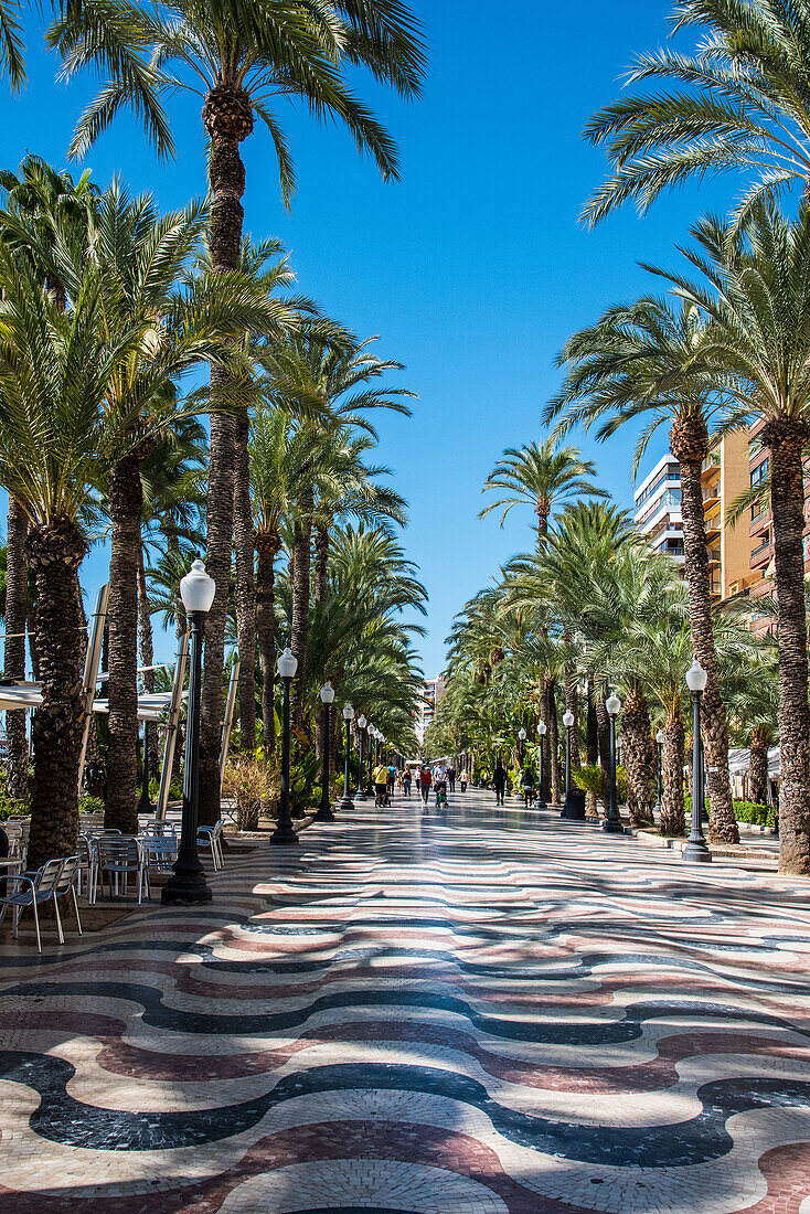 Alicante, Passeig Esplanada popular and famous promenade under the castle at the port, Costa Blanca, Spain