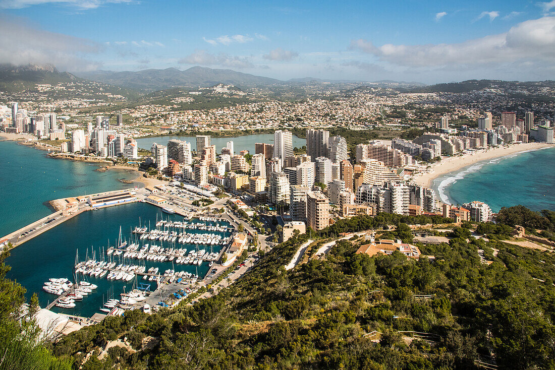 Calpe, view from the Penon de Ifach on the port, city and surroundings, Costa Blanca, Spain