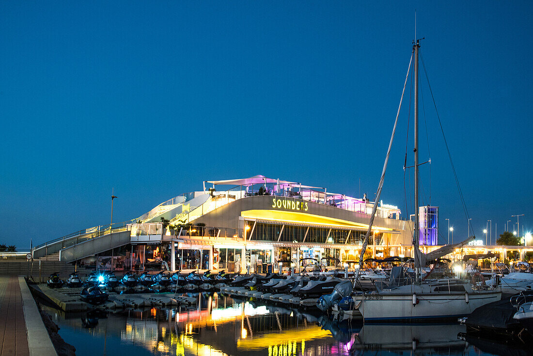 Denia, Costa Blanca, Sounders Club, at the marina, at the blue hour, Spain