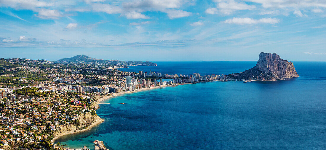 Calpe, Costa Blanca, Spain, Bay of Calpe with the landmark, Penon de Ifach and hinterland, the eastern tip of Spain