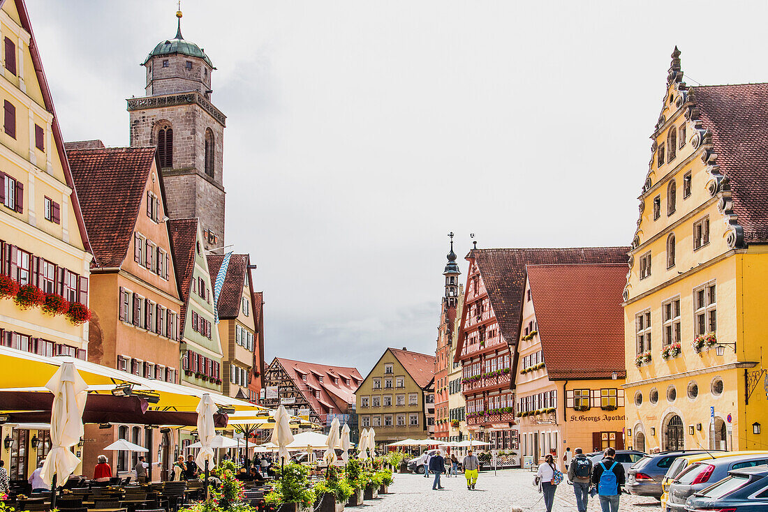Dinkelsbühl, wine market with its medieval facades, Bavaria, Germany.