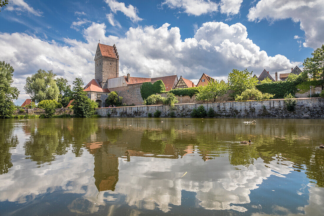 Rothenburger Weiher and Rothenburger Tor at the city wall of Dinkelsbühl, Middle Franconia, Bavaria, Germany