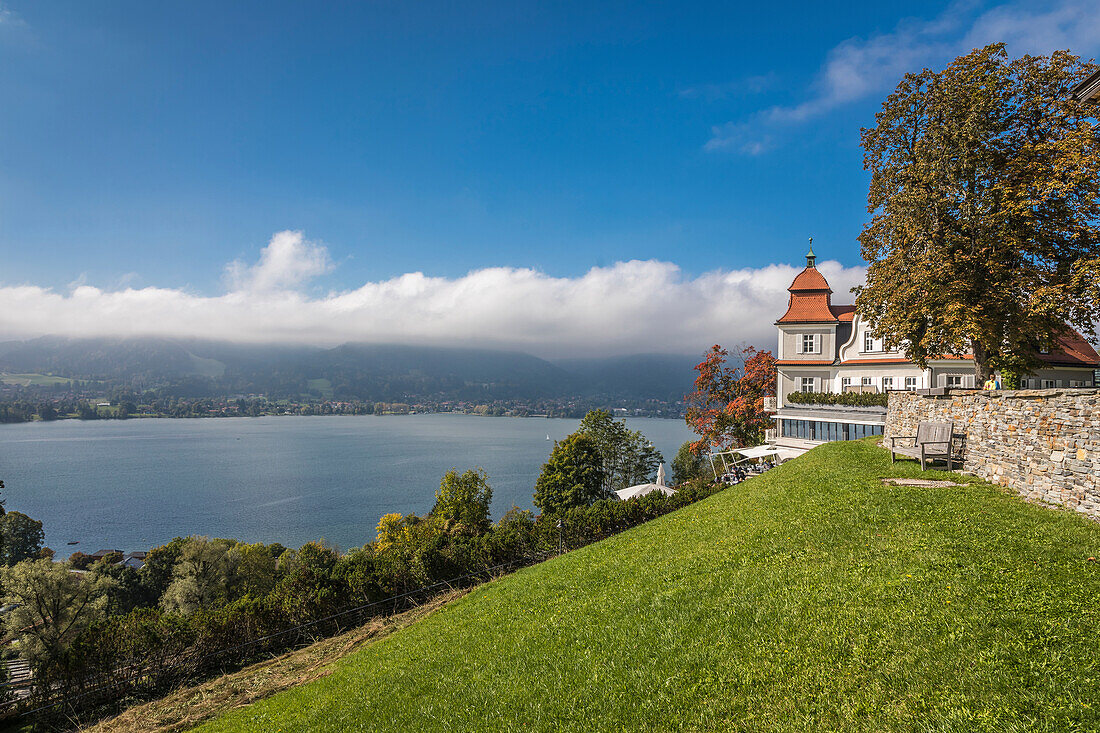 View from the traditional hotel `Das Tegernsee` over the Tegernsee, Upper Bavaria, Bavaria, Germany