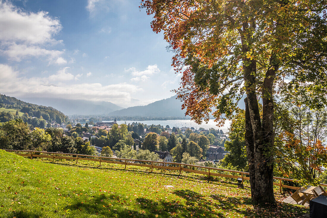 View from the terrace of the traditional hotel `Das Tegernsee` over the Tegernsee, Upper Bavaria, Bavaria, Germany
