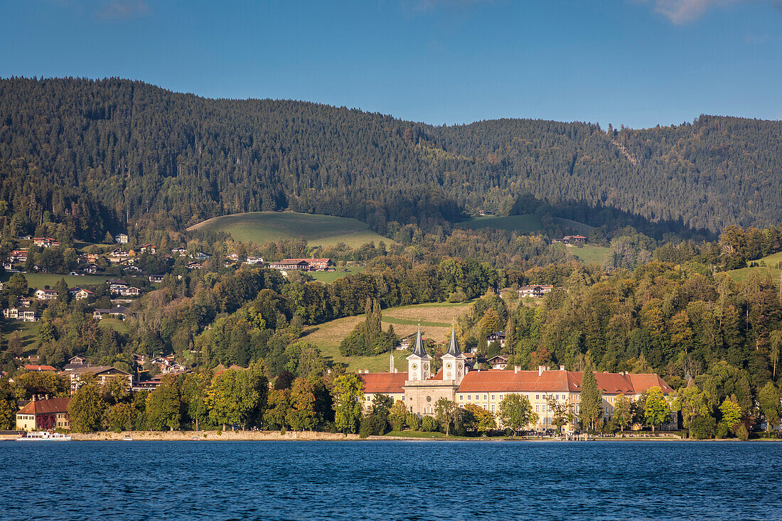 View from the water on Tegernsee with Tegernsee Monastery, Upper Bavaria, Bavaria, Germany