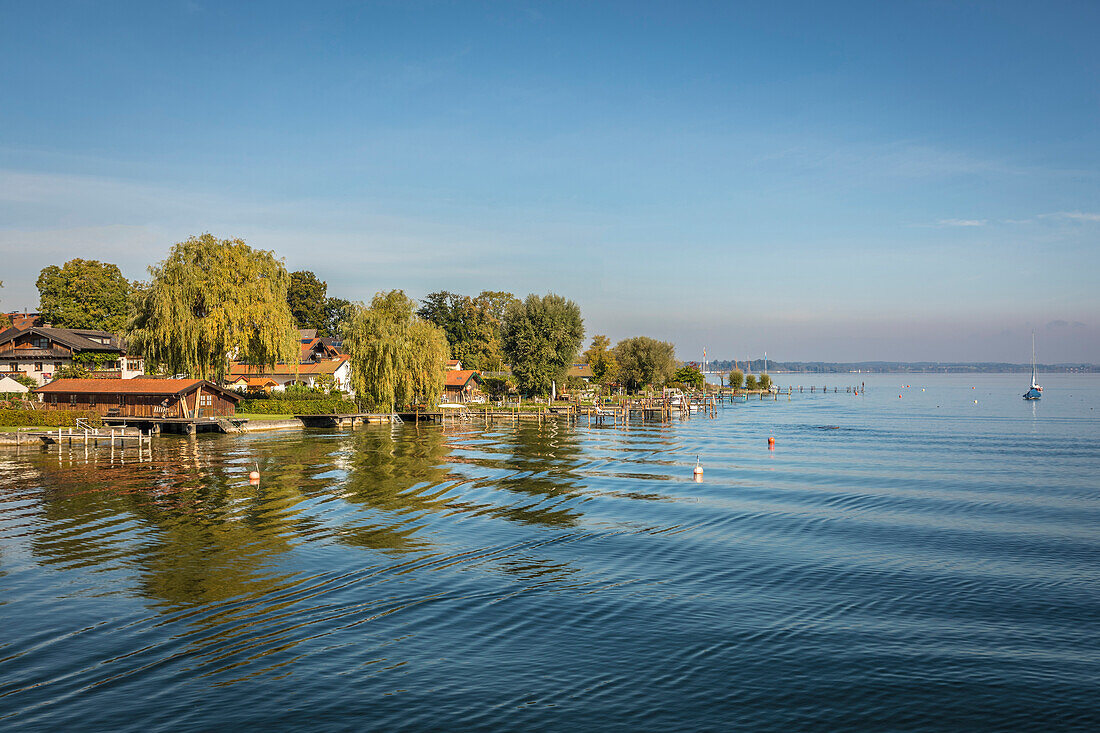 Shore of Fraueninsel in Lake Chiemsee from the water, Upper Bavaria, Bavaria, Germany